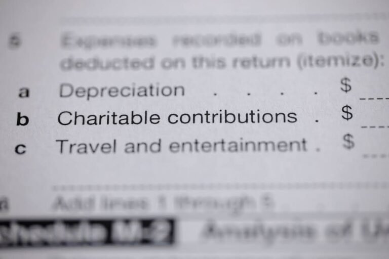 closeup of the charitable contributions line item on a 1040 tax return document