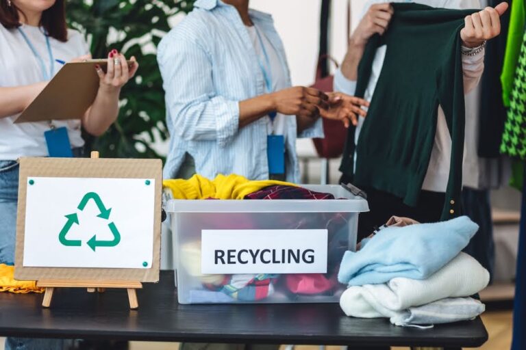table of donated clothes next to a bin that says recycling and a sign showing the reuse symbol